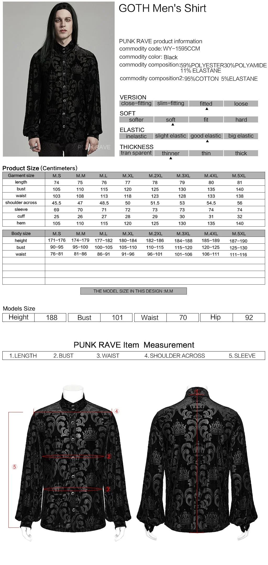 WY-1595CCM Punk Rave Gothic Baroque Patterned Satin Shirt for Men - Image 40