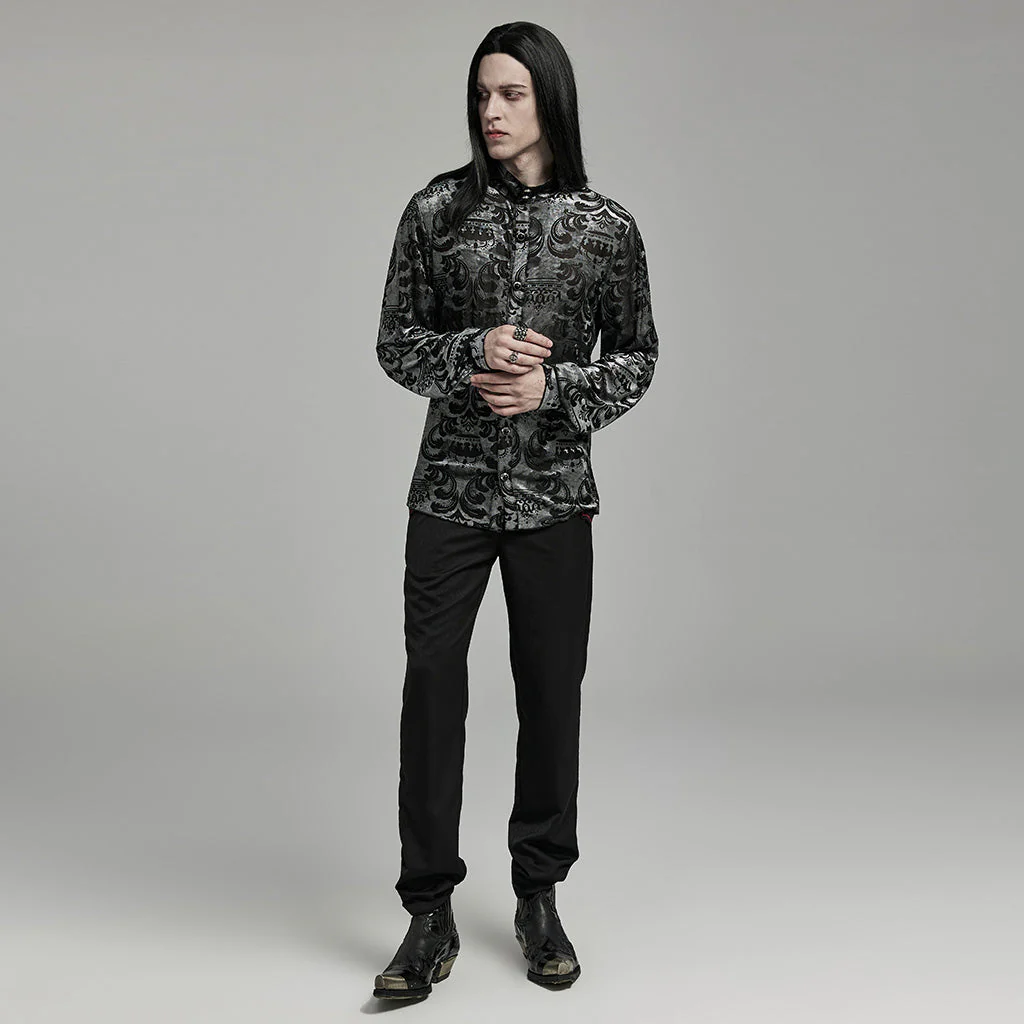 WY-1595CCM Punk Rave Gothic Baroque Patterned Satin Shirt for Men - Image 7