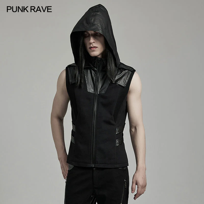 WY-1598MJM Techwear-Inspired Hooded Punk Vest with Leather Accents - Image 2