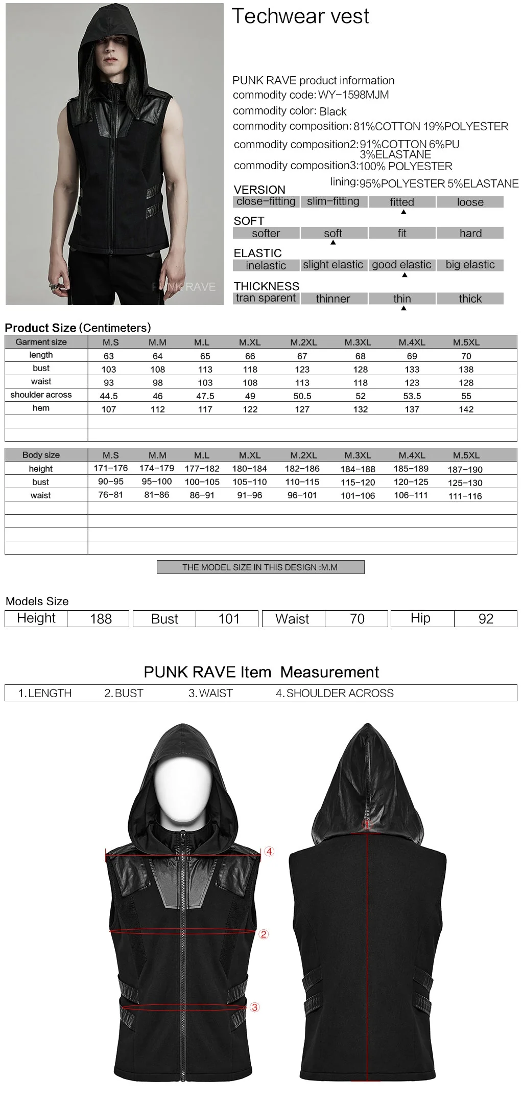 WY-1598MJM Techwear-Inspired Hooded Punk Vest with Leather Accents - Image 6