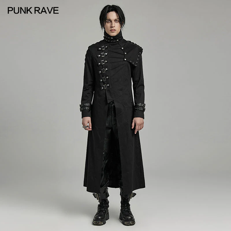 WY-1602XCM Gothic Punk Asymmetrical High-Collar Trench Coat with Buckle Straps