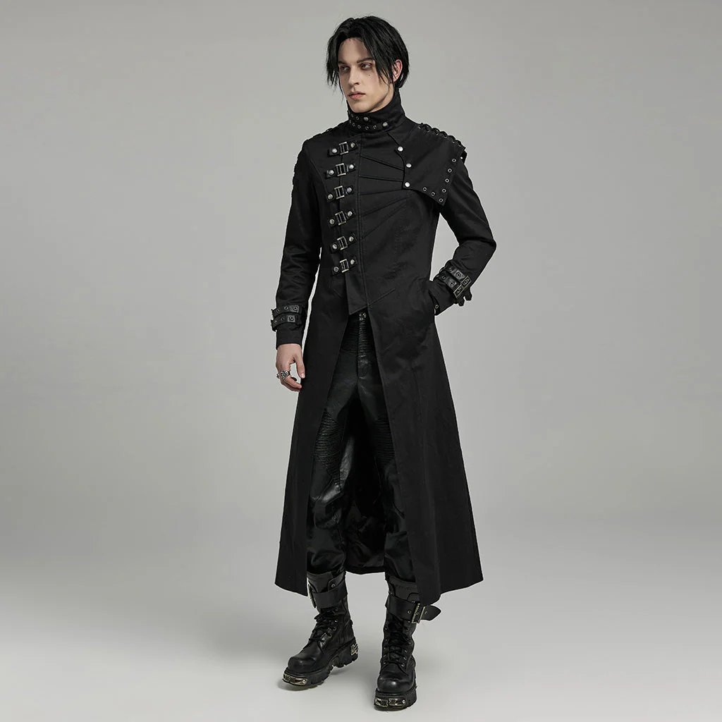 WY-1602XCM Gothic Punk Asymmetrical High-Collar Trench Coat with Buckle Straps - Image 6