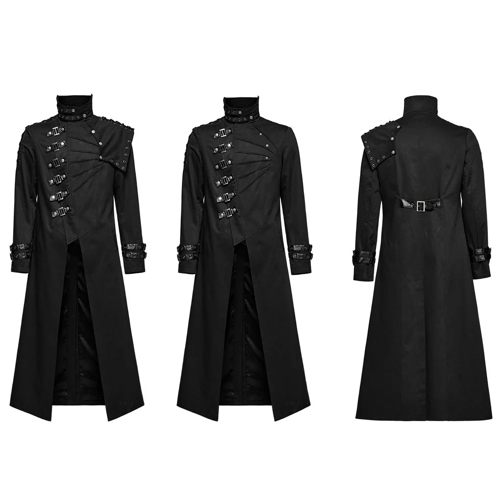 WY-1602XCM Gothic Punk Asymmetrical High-Collar Trench Coat with Buckle Straps - Image 7