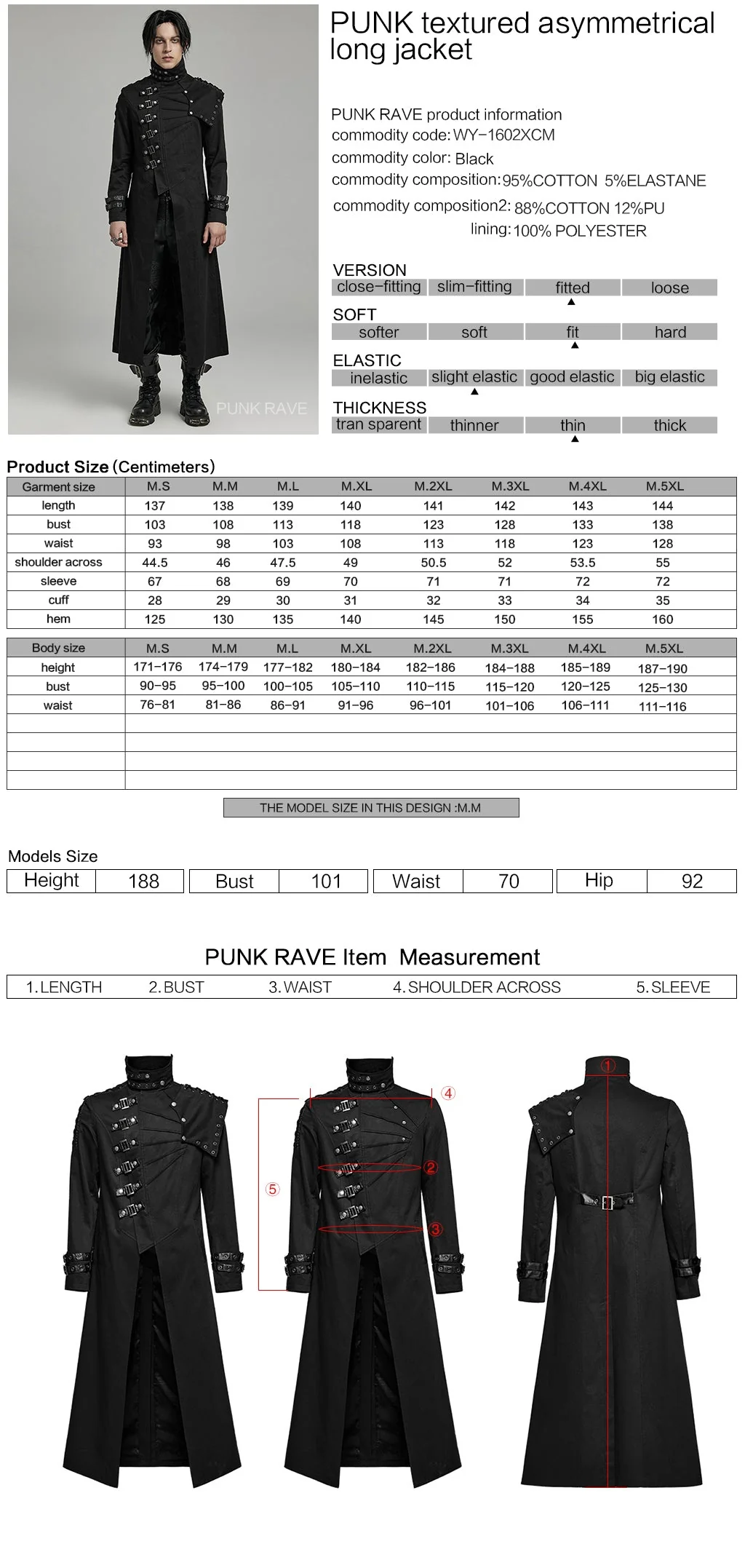 WY-1602XCM Gothic Punk Asymmetrical High-Collar Trench Coat with Buckle Straps - Image 8