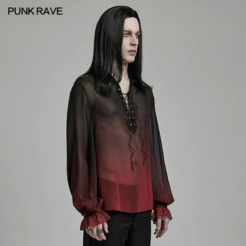 Punk Rave Gentleman Lantern Sleeves Classic Velvet Webbing Drawstring Gradient Color Goth Chiffon Shirt - Image 2