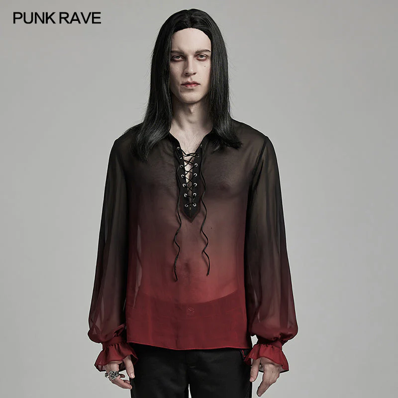 Punk Rave Gentleman Lantern Sleeves Classic Velvet Webbing Drawstring Gradient Color Goth Chiffon Shirt - Image 32