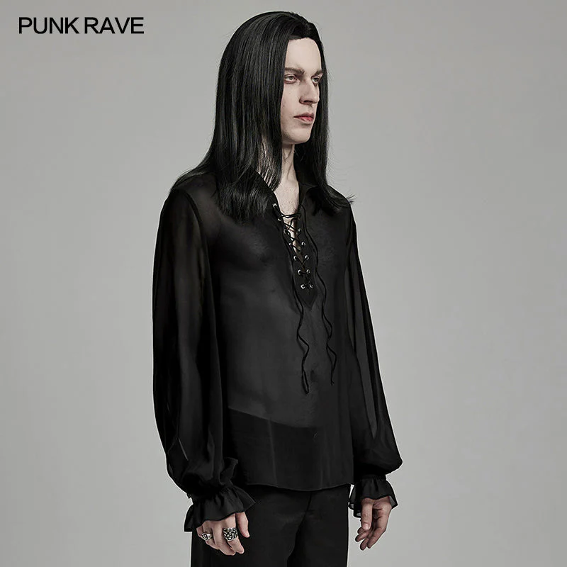 Punk Rave Gentleman Lantern Sleeves Classic Velvet Webbing Drawstring Gradient Color Goth Chiffon Shirt - Image 44