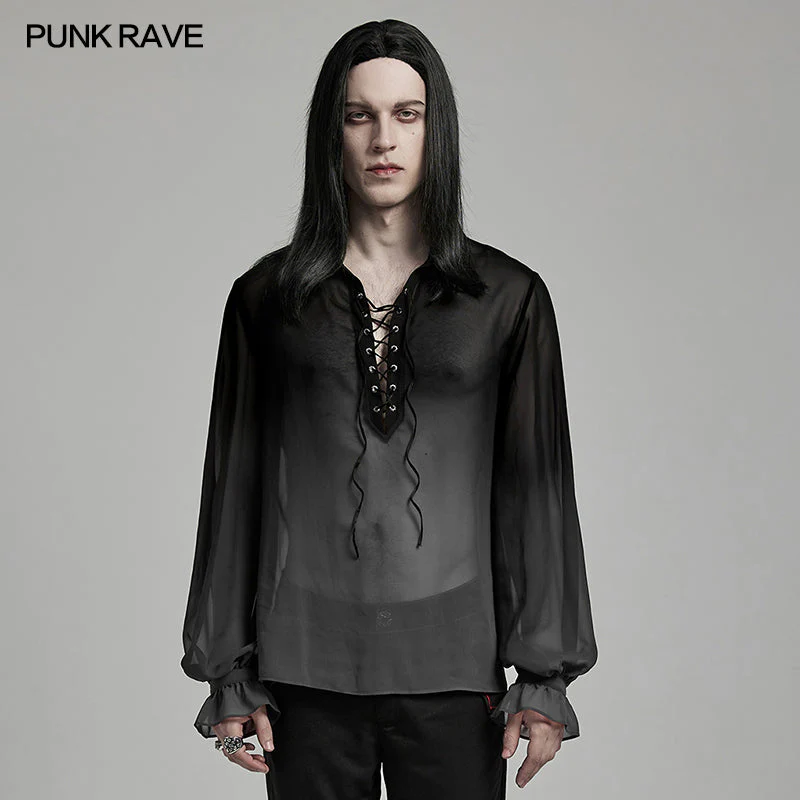 Punk Rave Gentleman Lantern Sleeves Classic Velvet Webbing Drawstring Gradient Color Goth Chiffon Shirt - Image 52