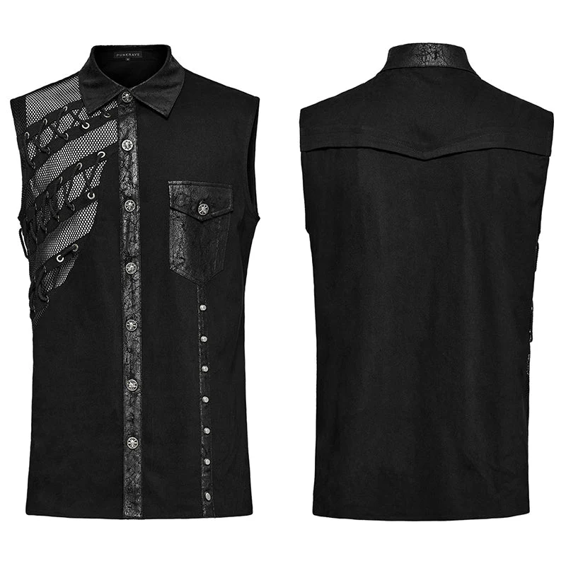 WY-1606CWM Mens Asymmetric Mesh Punk Sleeveless Shirt with Rivet Detail - Image 4