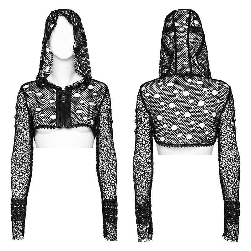 WY-1608XDF Edgy Hooded black Mesh Punk Jacket with Ripped Details - Image 16