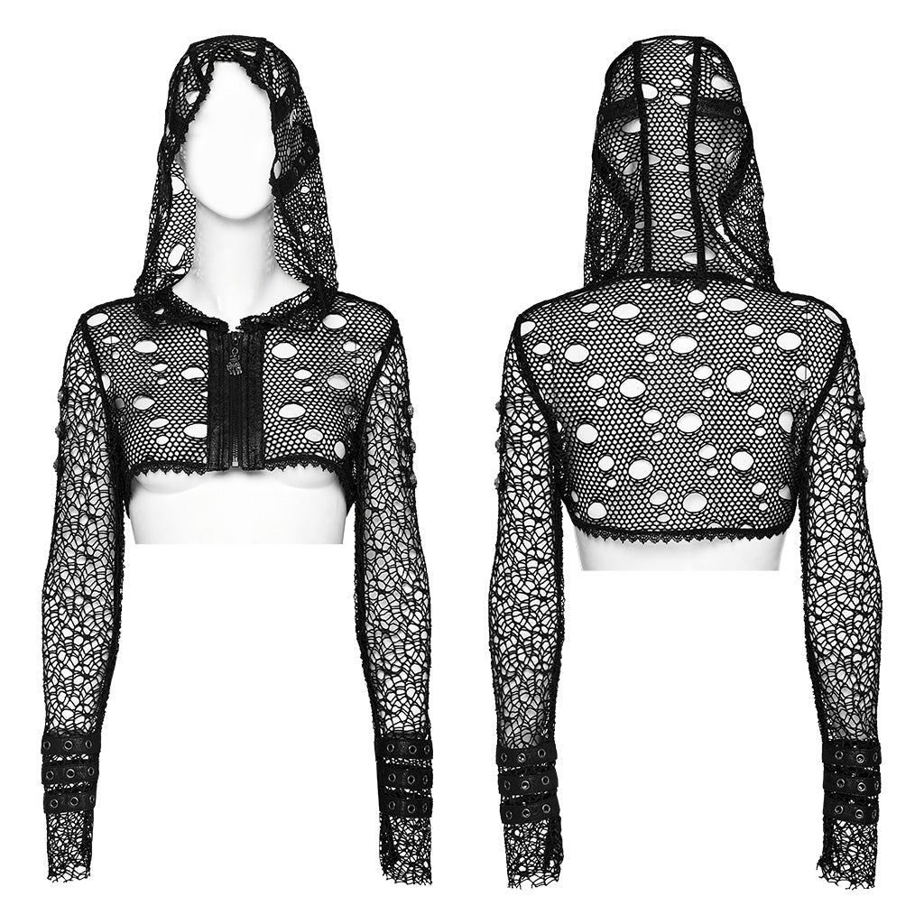 WY-1608XDF Edgy Hooded black Mesh Punk Jacket with Ripped Details - Image 9