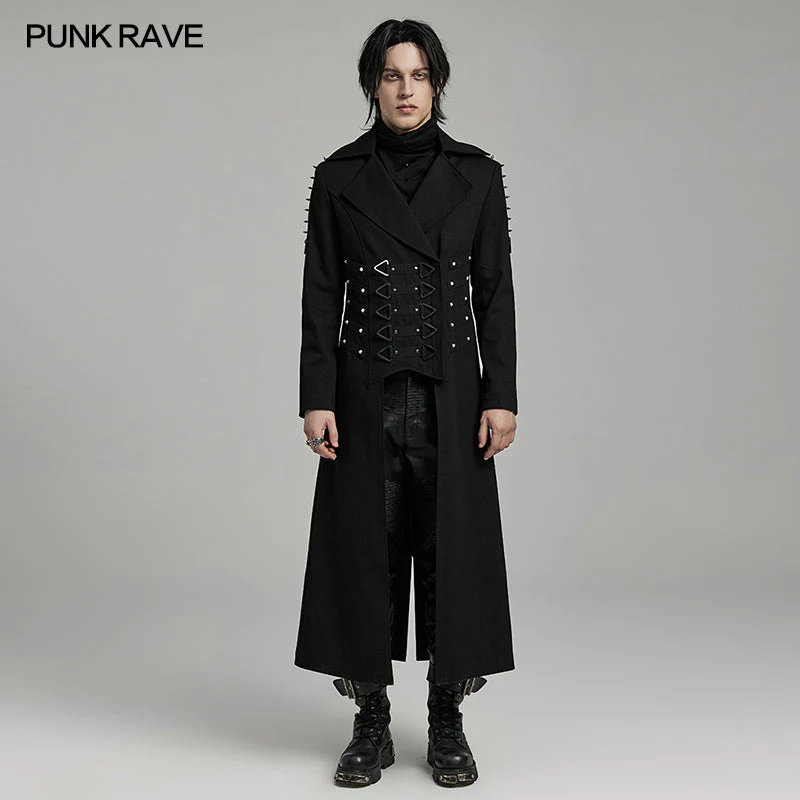 WY-1609XCM Gothic Long Coat with Spiked Shoulders False Lace-Up Detail