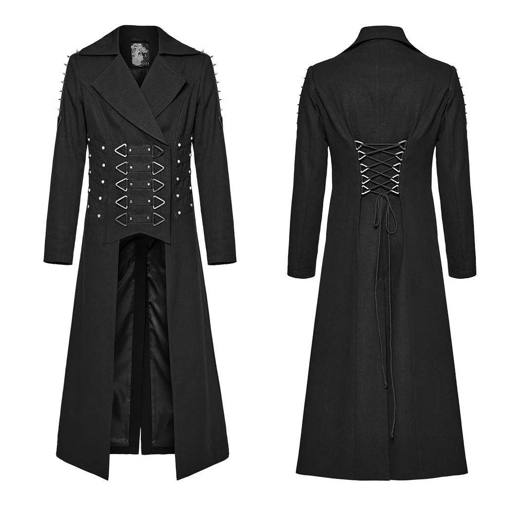 WY-1609XCM Gothic Long Coat with Spiked Shoulders False Lace-Up Detail - Image 14