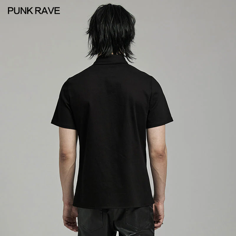 WY-1612XDM Gothic Punk black Triangle Buckle Shirt with Leather Accents - Image 3