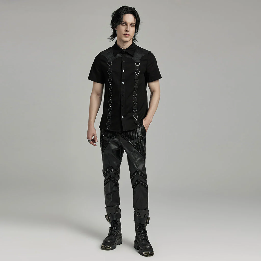 WY-1612XDM Gothic Punk black Triangle Buckle Shirt with Leather Accents - Image 6