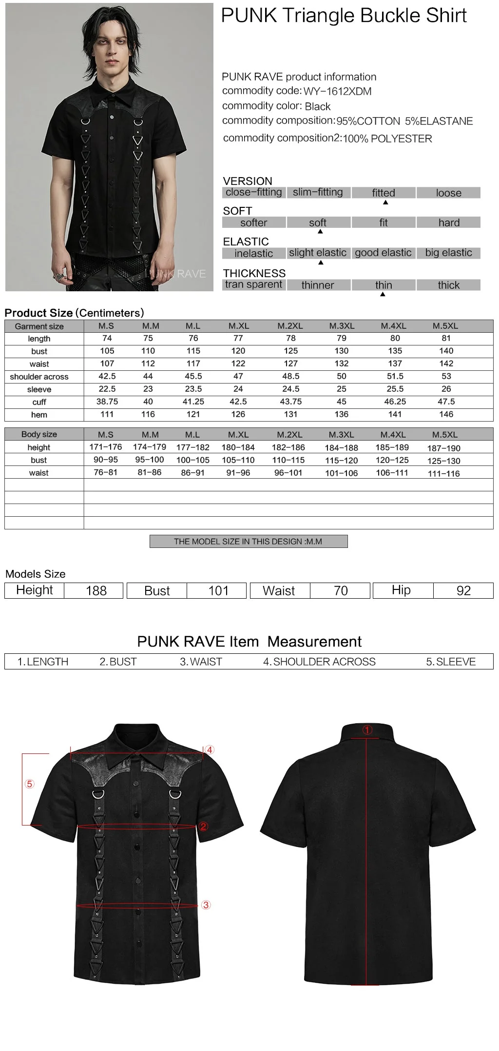 WY-1612XDM Gothic Punk black Triangle Buckle Shirt with Leather Accents - Image 8