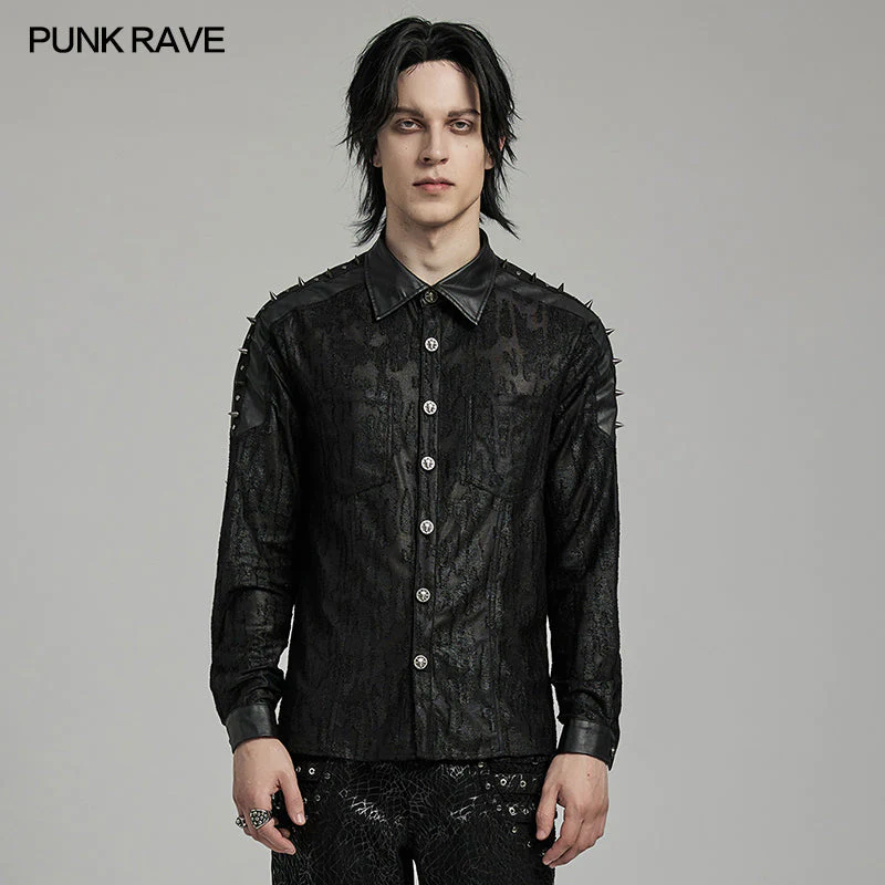 WY-1613CCM Mens Spiked black Gothic Punk Lace Shirt - Image 13