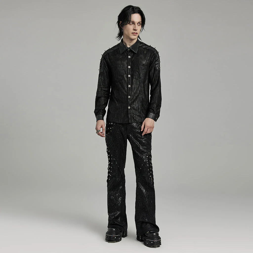 WY-1613CCM Mens Spiked black Gothic Punk Lace Shirt - Image 8