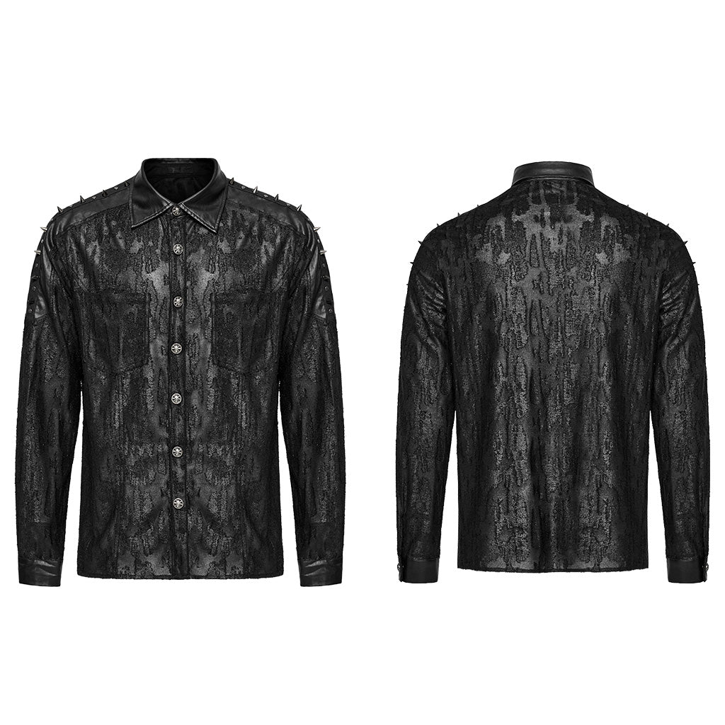 WY-1613CCM Mens Spiked black Gothic Punk Lace Shirt - Image 9