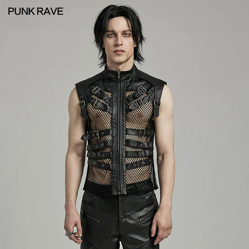 WY-1614MJM Edgy Gothic Mesh Vest Faux Leather Straps FALSE - Image 3