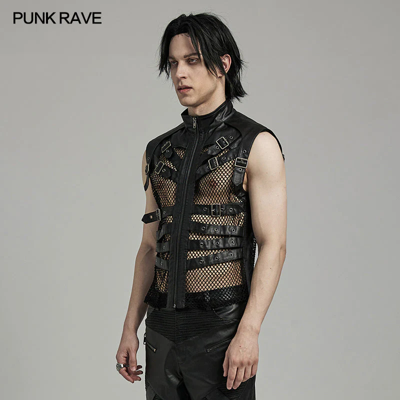 WY-1614MJM Edgy Gothic Mesh Vest Faux Leather Straps FALSE - Image 7