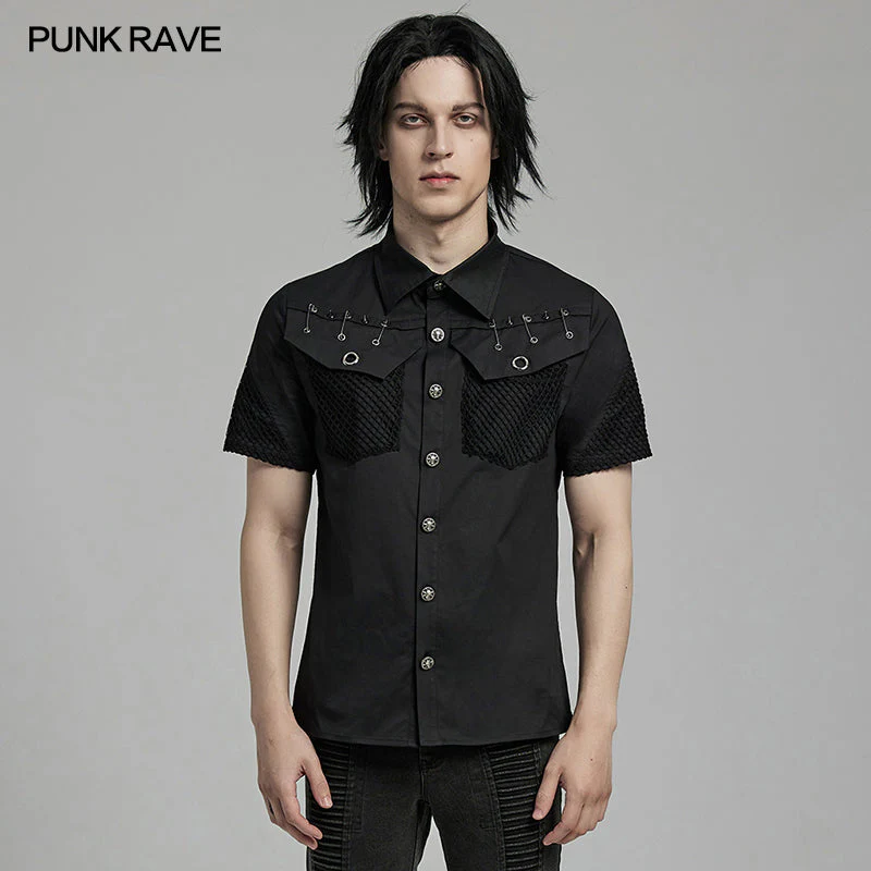 WY-1619CDM Mens black Rivet Short Sleeve Punk Shirt - Image 13
