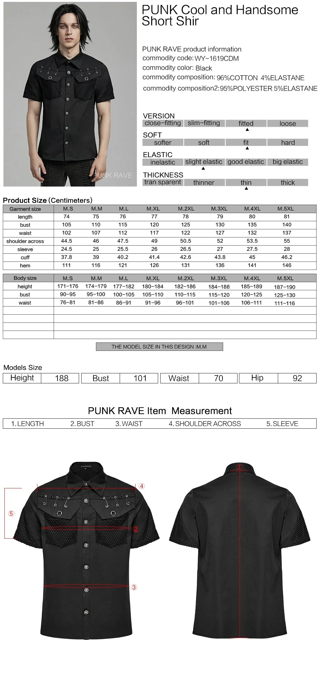 WY-1619CDM Mens black Rivet Short Sleeve Punk Shirt - Image 17