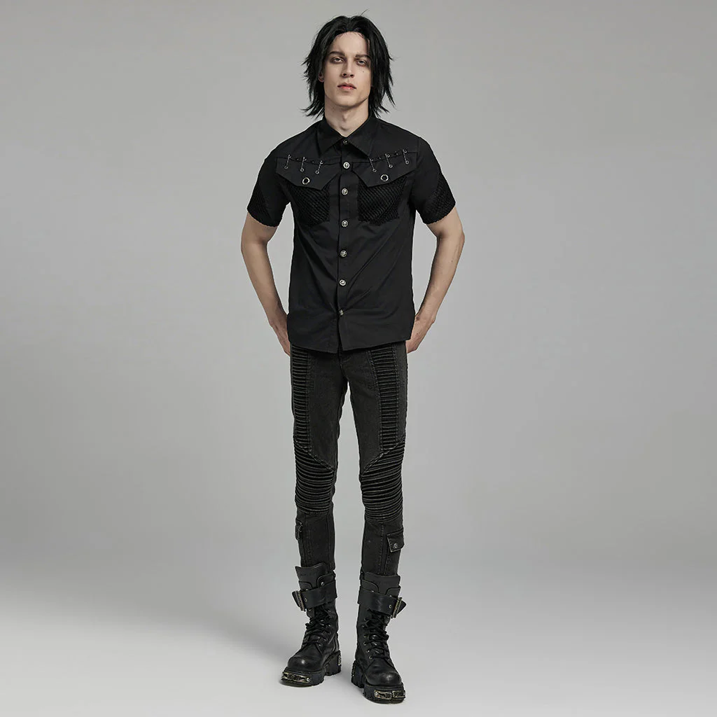 WY-1619CDM Mens black Rivet Short Sleeve Punk Shirt - Image 18