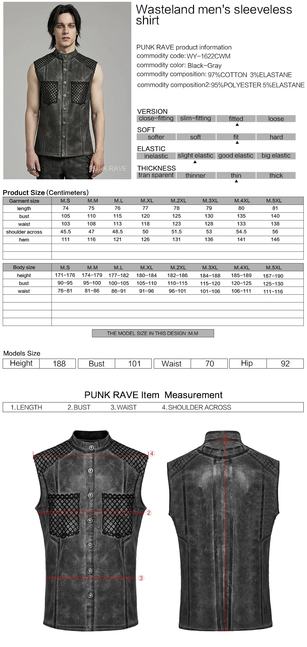 WY-1622CWM Mens Punk Vest with Studded Shoulders and Mesh Accents - Image 7