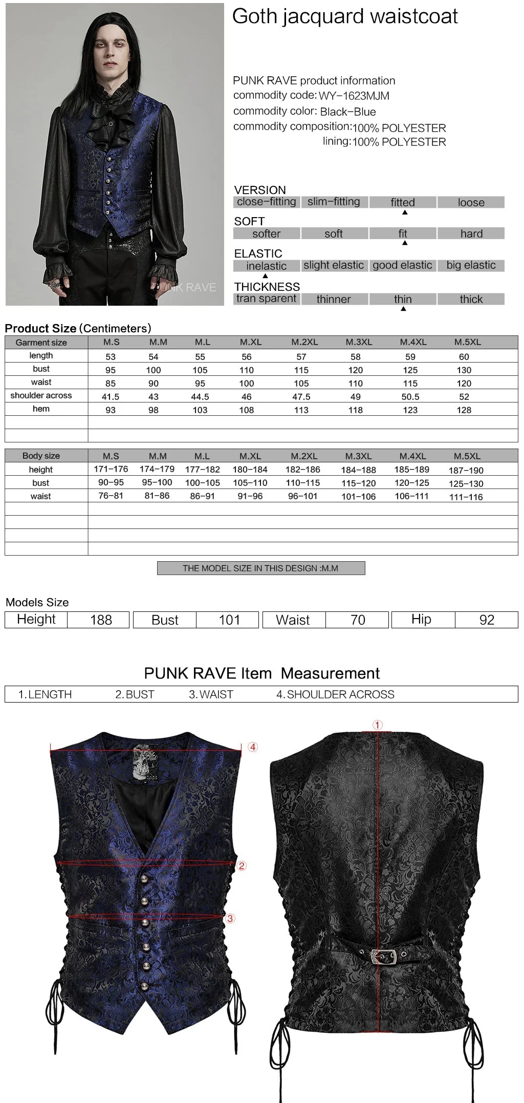 WY-1623MJM Midnight Gothic Vest Brocade Buttoned Waistcoat Lace-Up Sides - Image 40