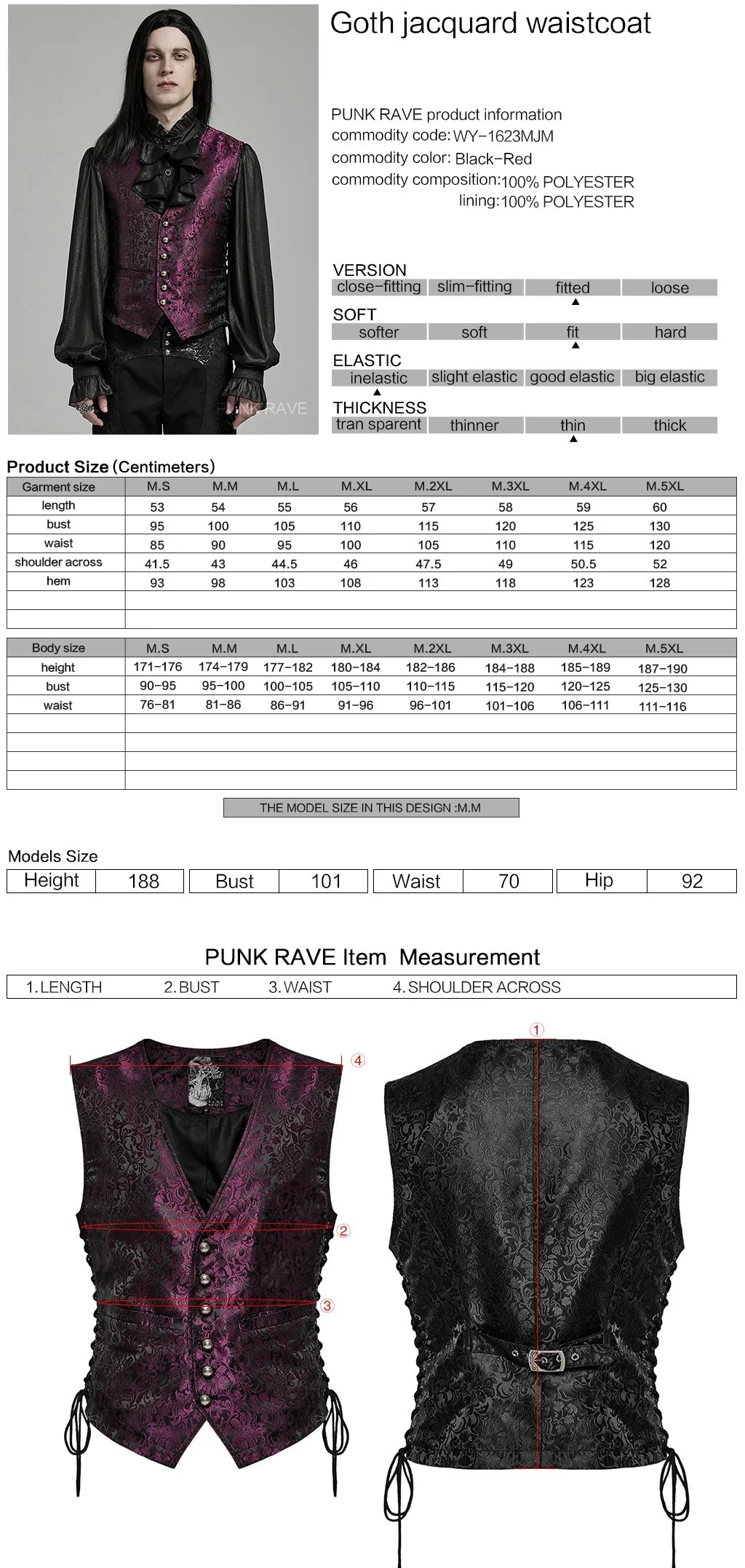 WY-1623MJM Midnight Gothic Vest Brocade Buttoned Waistcoat Lace-Up Sides - Image 53