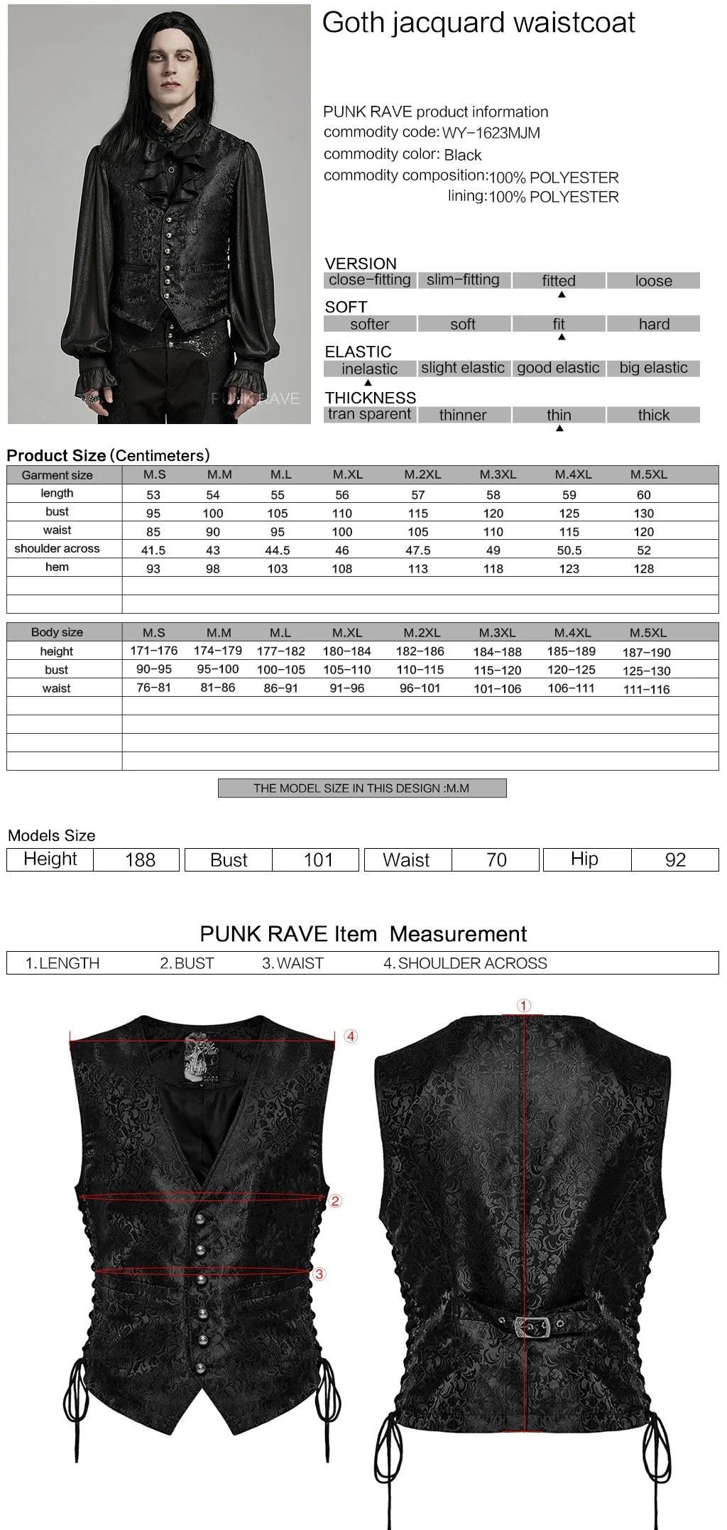 WY-1623MJM Midnight Gothic Vest Brocade Buttoned Waistcoat Lace-Up Sides - Image 63