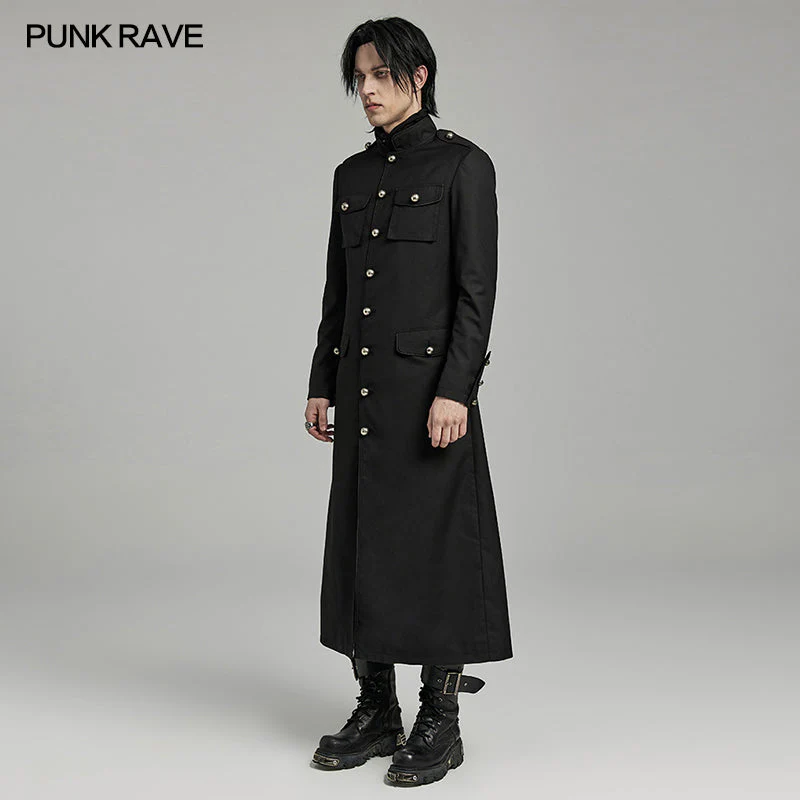 WY-1626XCM black Long Gothic Coat with Red Trim Button Accents - Image 14