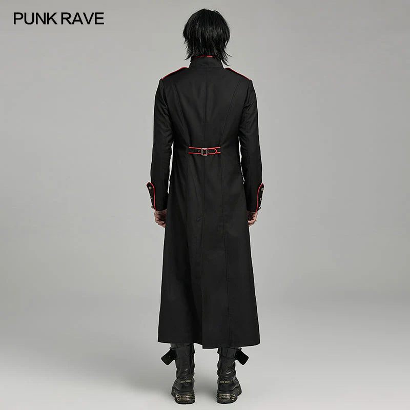 WY-1626XCM black Long Gothic Coat with Red Trim Button Accents - Image 24