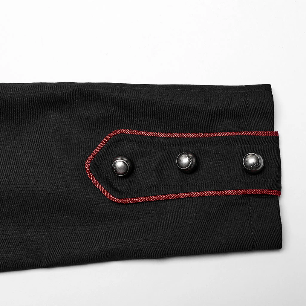 WY-1626XCM black Long Gothic Coat with Red Trim Button Accents - Image 28