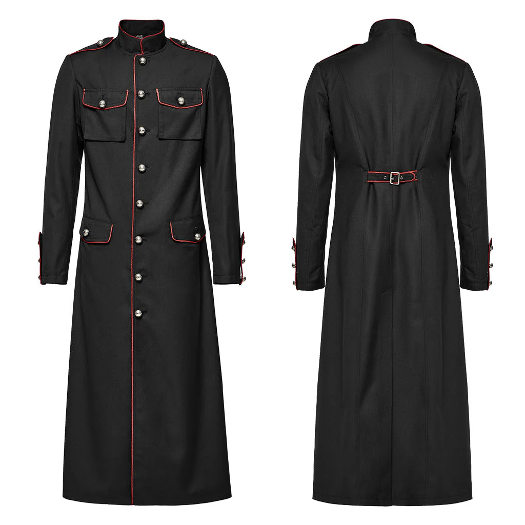 WY-1626XCM black Long Gothic Coat with Red Trim Button Accents - Image 30