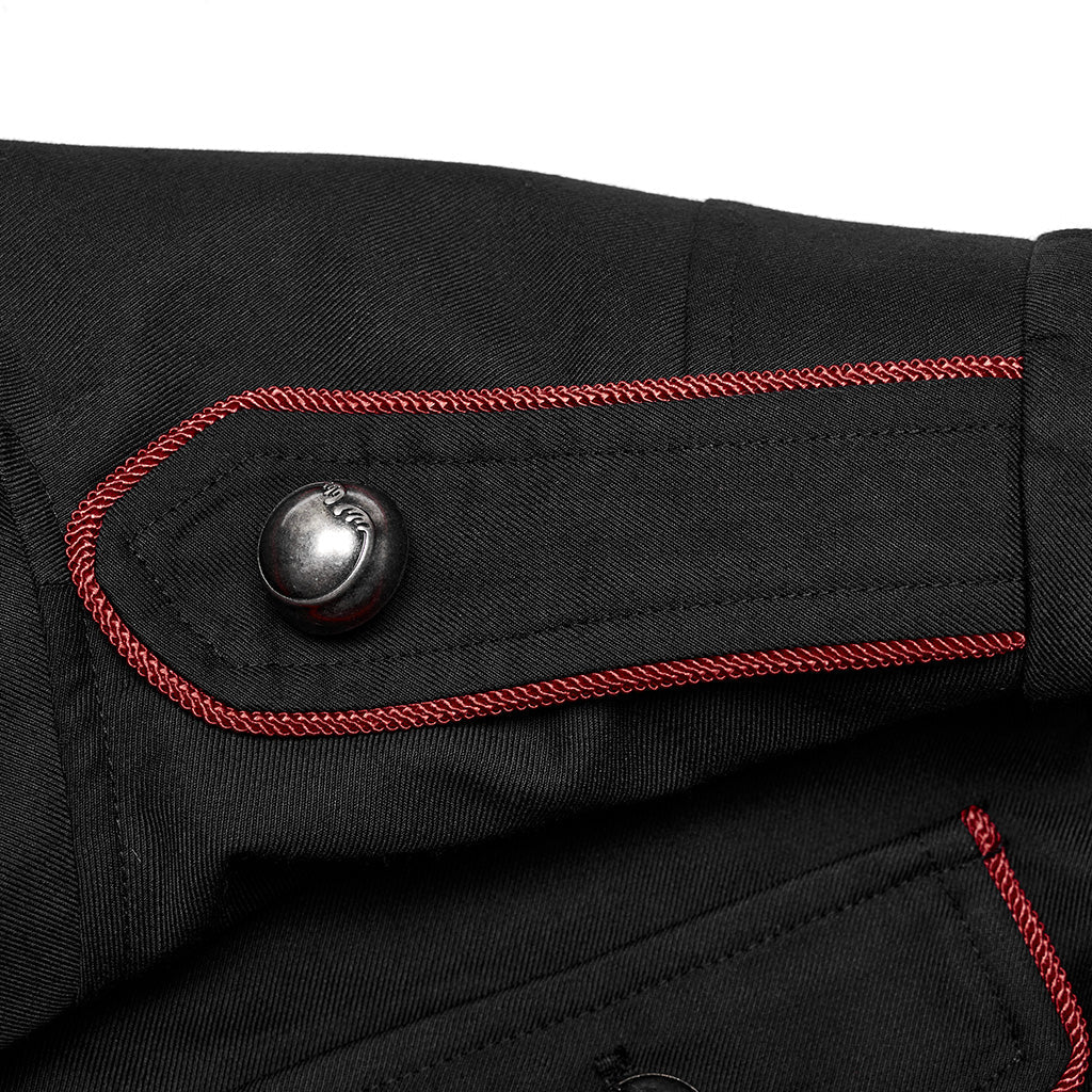 WY-1626XCM black Long Gothic Coat with Red Trim Button Accents - Image 32