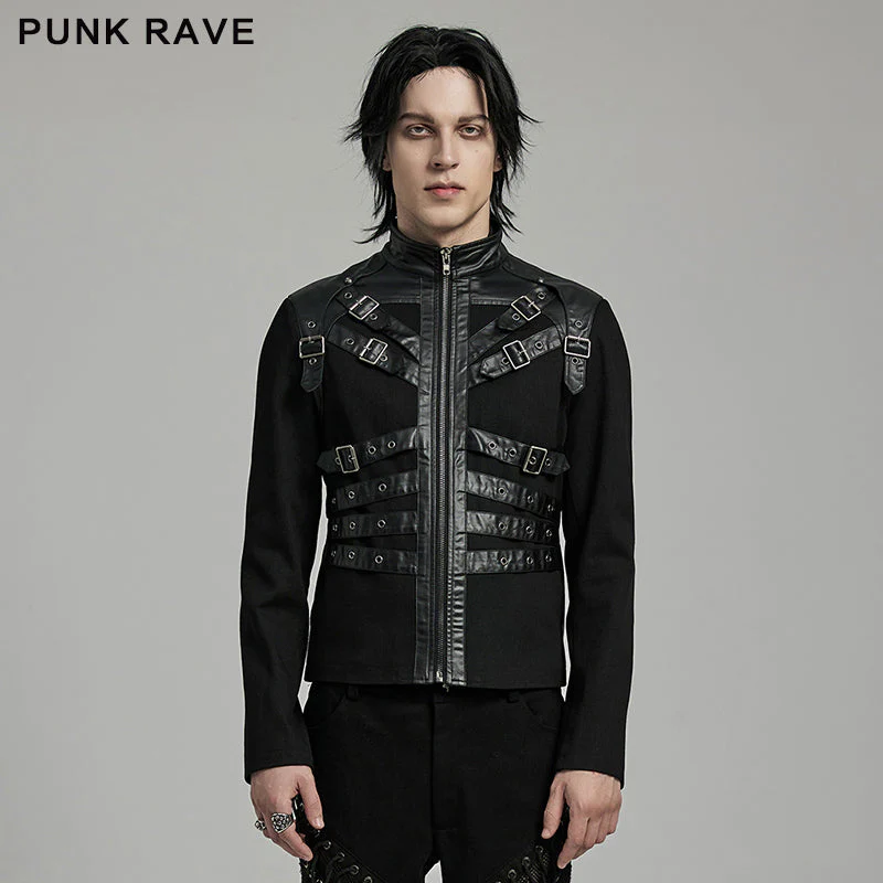 WY-1628XCM Mens black Buckled Strap Punk Jacket Retro Style - Image 13