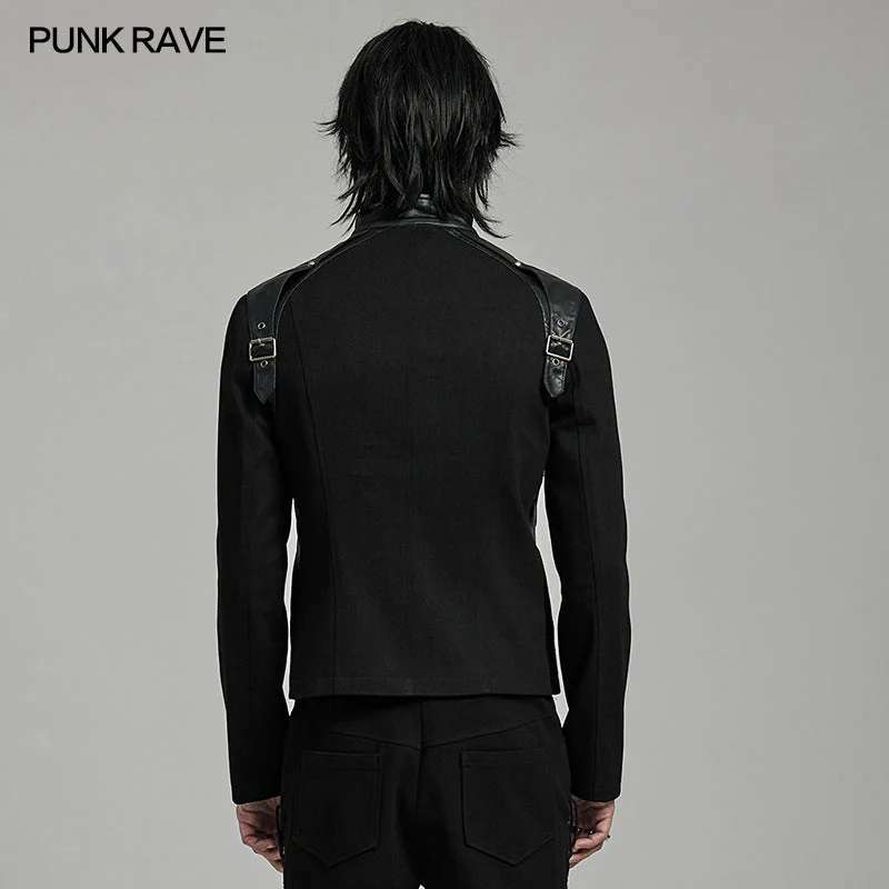 WY-1628XCM Mens black Buckled Strap Punk Jacket Retro Style - Image 3
