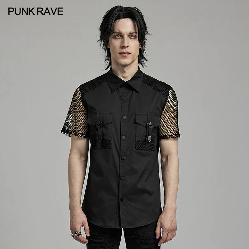 WY-1631CDM Mesh Sleeve Zipper Pocket black Punk Shirt - Image 17