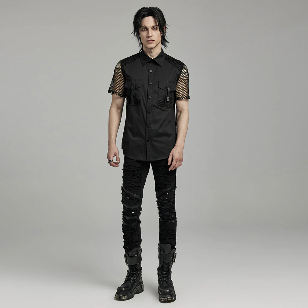 WY-1631CDM Mesh Sleeve Zipper Pocket black Punk Shirt - Image 18