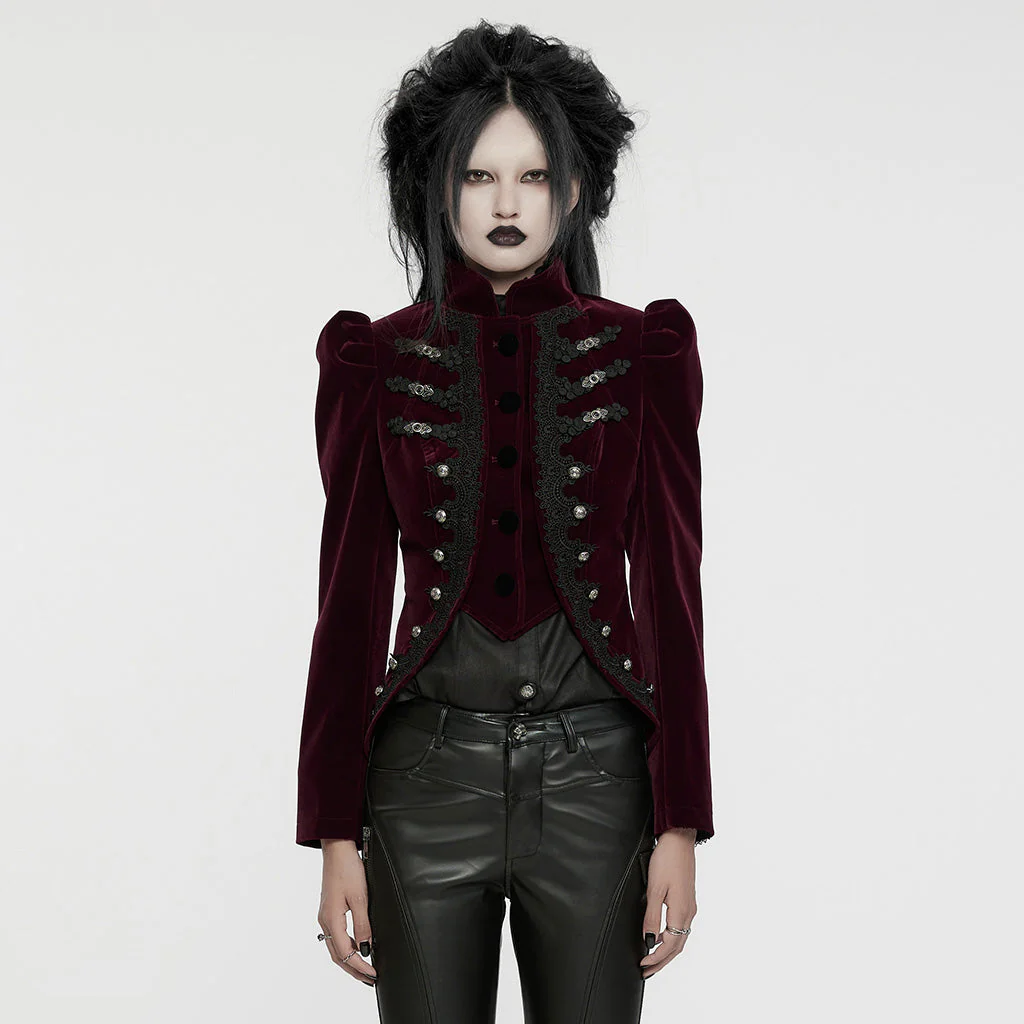 WY-1637XCF Elegant Victorian Gothic Coat Velvet High Neck Lace Trim - Image 20