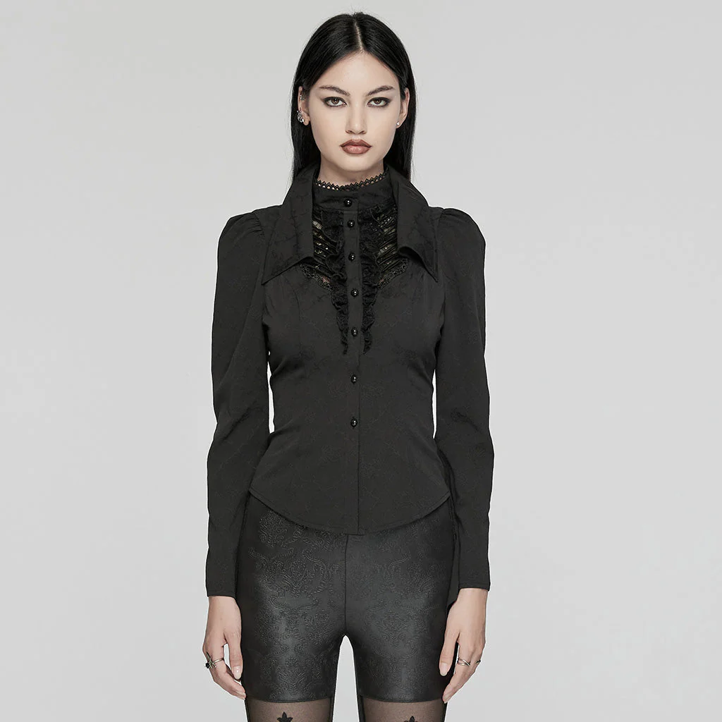 WY-1640CCF Elegant Gothic Double-Collar Lace-Up Blouse with Puff Sleeves - Image 11