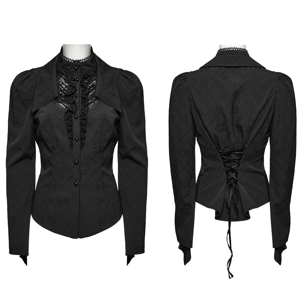 WY-1640CCF Elegant Gothic Double-Collar Lace-Up Blouse with Puff Sleeves - Image 15