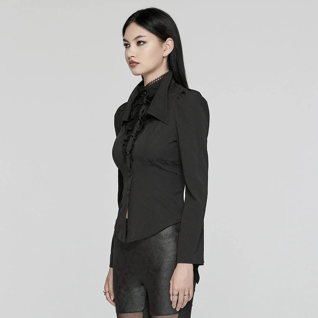 WY-1640CCF Elegant Gothic Double-Collar Lace-Up Blouse with Puff Sleeves - Image 3