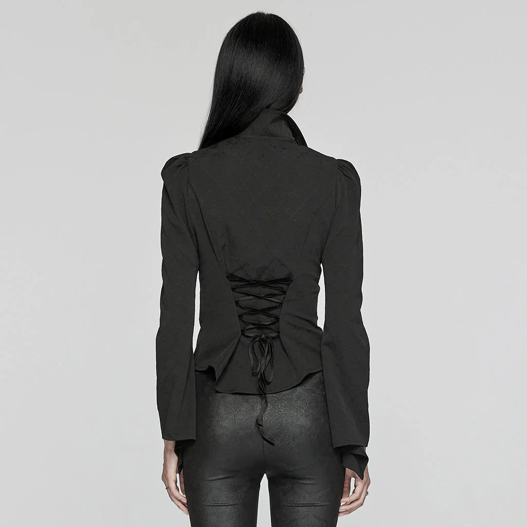 WY-1640CCF Elegant Gothic Double-Collar Lace-Up Blouse with Puff Sleeves - Image 4