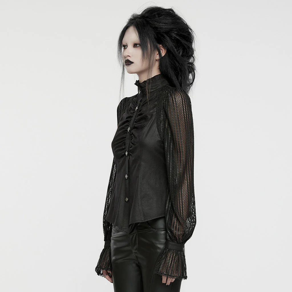 WY-1641CCF Gothic Pleated Lace Lantern Sleeve Mesh Shirt - Image 13