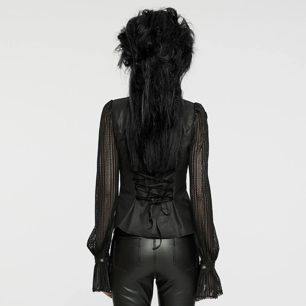 WY-1641CCF Gothic Pleated Lace Lantern Sleeve Mesh Shirt - Image 4