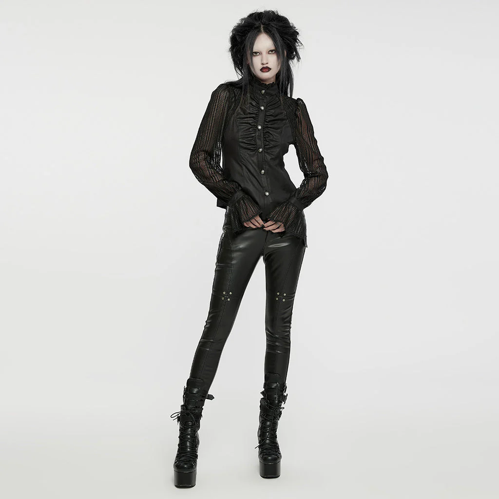 WY-1641CCF Gothic Pleated Lace Lantern Sleeve Mesh Shirt - Image 5
