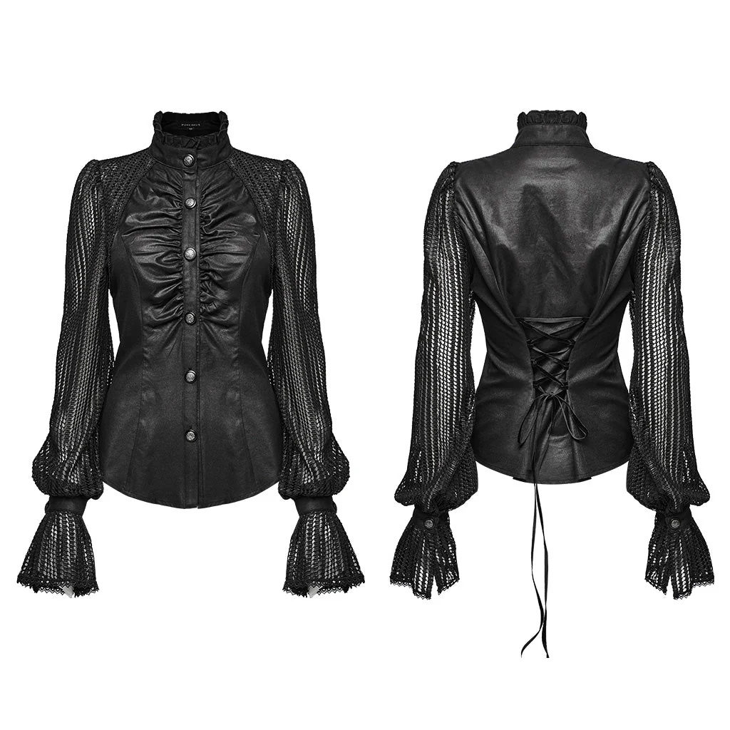 WY-1641CCF Gothic Pleated Lace Lantern Sleeve Mesh Shirt - Image 6